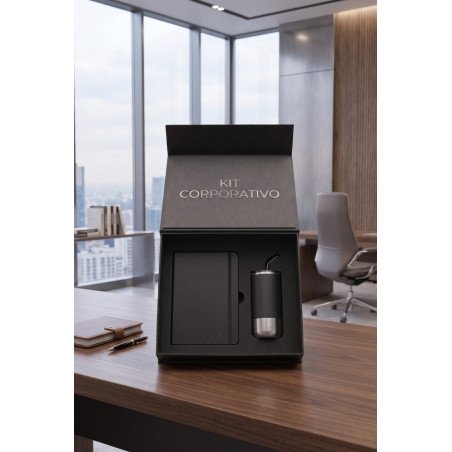 Kit Corporativo Negro: Libreta y Tomatodo Térmico con Logo