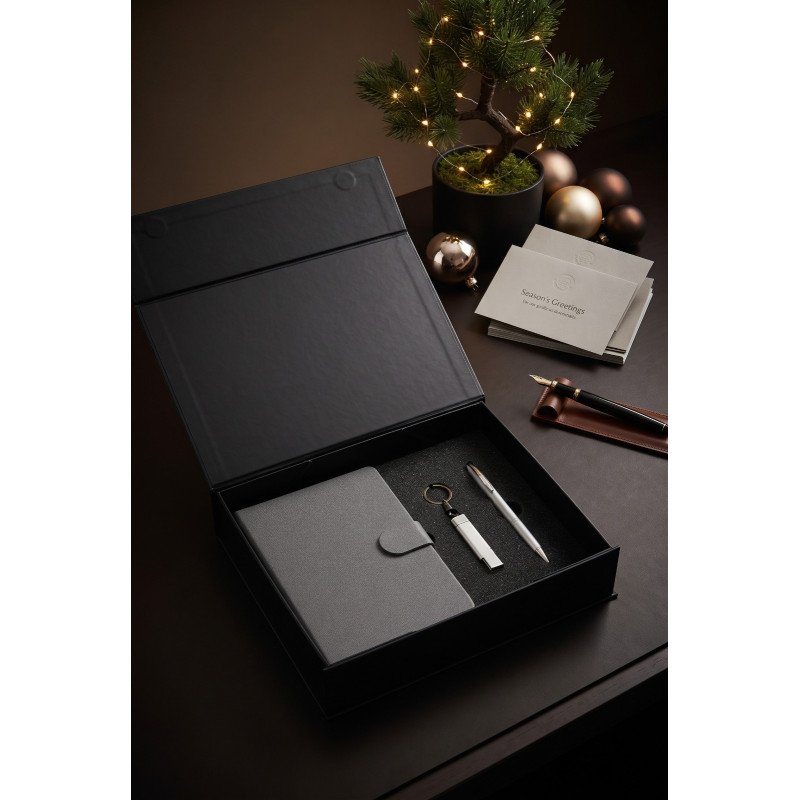 Kit Navideño Gris: Libreta, Bolígrafo y Linterna