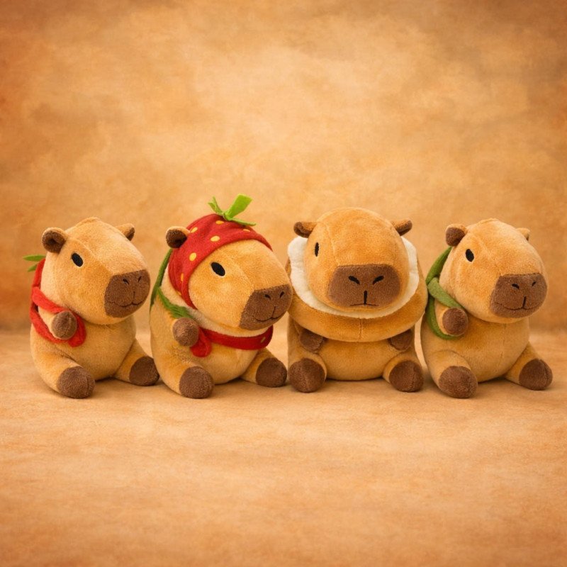 BRANDEATODOCapibaraTamaño: 16 cm. Material: Felpa microfibra ultra suave + relleno plumon hipoalergénico. Detalles: Ojos estampados, costuras reforzadas Lavado: Superficial o manual delicado. Acabados premium: Nariz y boca de alta precisión. Durabilidad: Resistencia a deformaciones por compresión, mantiene volumen tras uso prolongado. Modelos: Mochila de Tortuga Mochila de Fresa Capucha de Fresa Almohada de Pancito